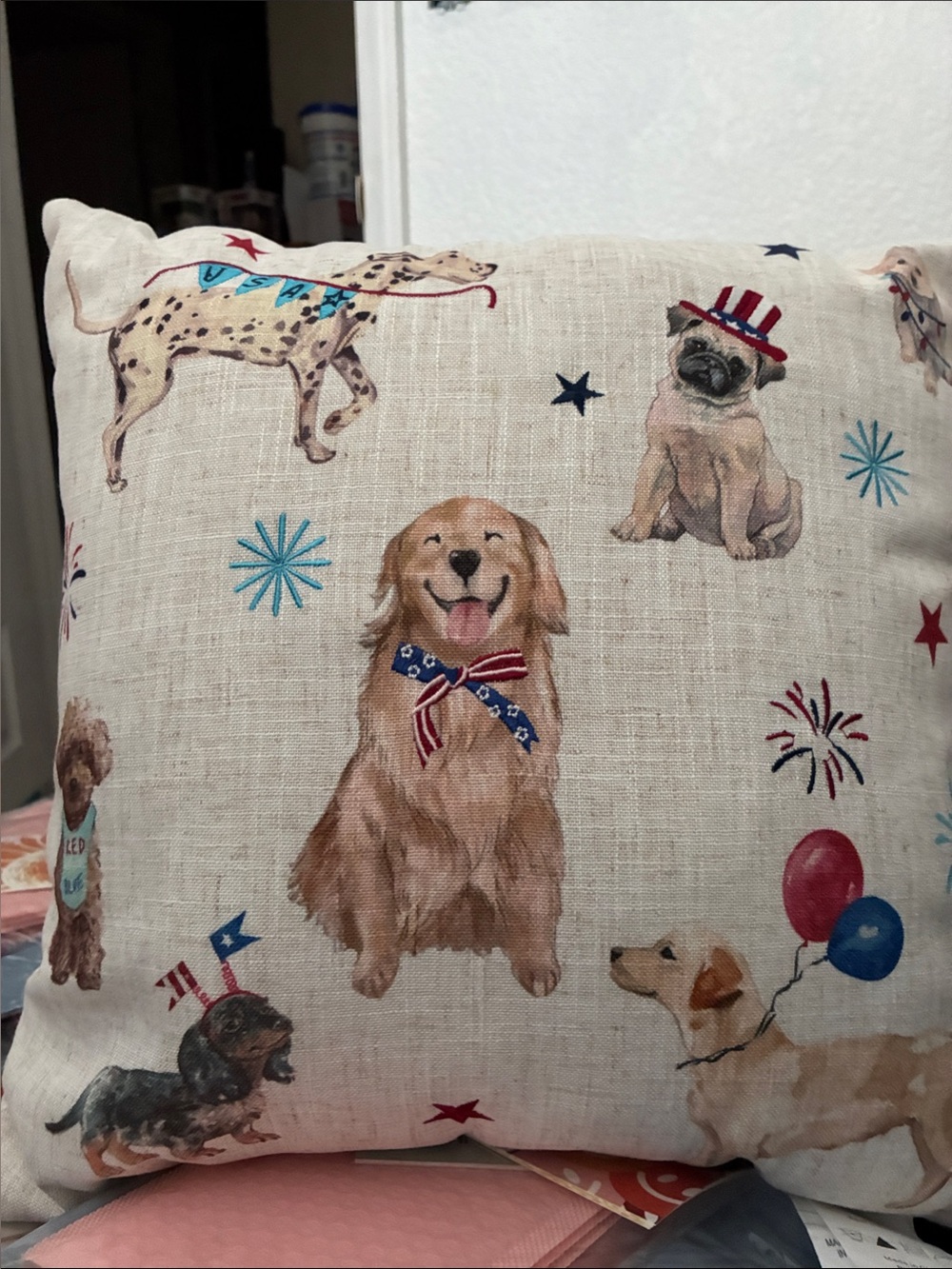 Patriotic Dog Print Accent Pillow - Cream